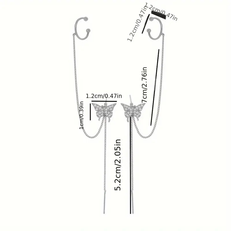 Elegant Golden-Tone Butterfly Ear Cuff with Sparkling Zirconia Stones and Tassel Accents