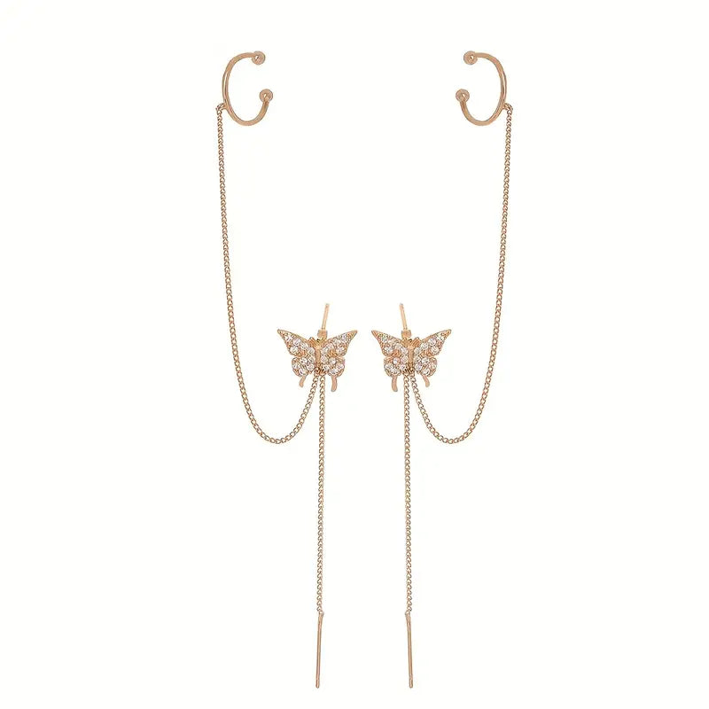 Elegant Golden-Tone Butterfly Ear Cuff with Sparkling Zirconia Stones and Tassel Accents
