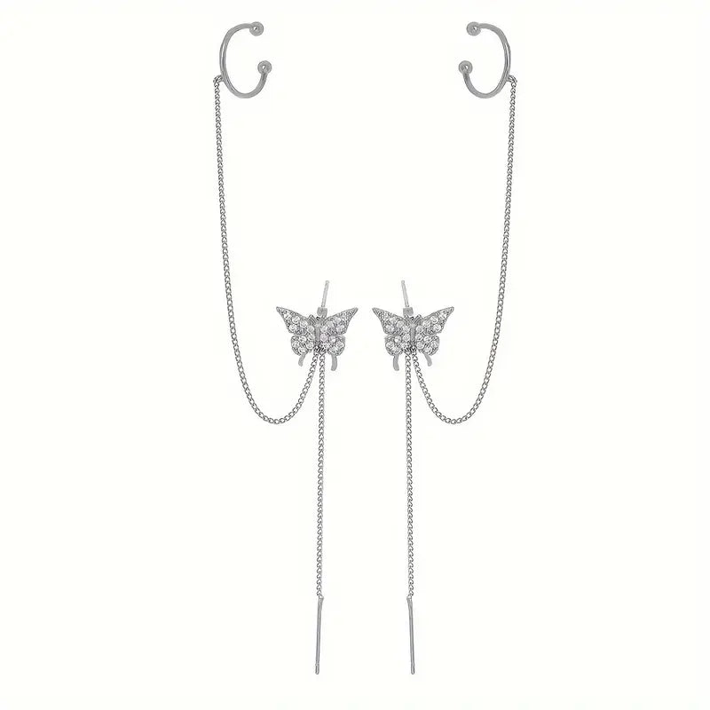 Elegant Golden-Tone Butterfly Ear Cuff with Sparkling Zirconia Stones and Tassel Accents