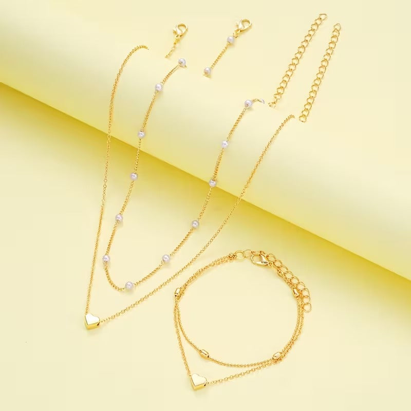 3pcs Simple Heart-Shaped Faux Necklace and Bracelet Set for Women