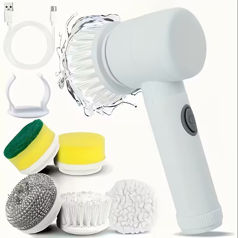 5 Brush Heads Rechargeable Cleaning Brush Cordless Handheld - 3AAA Cleaning Brush