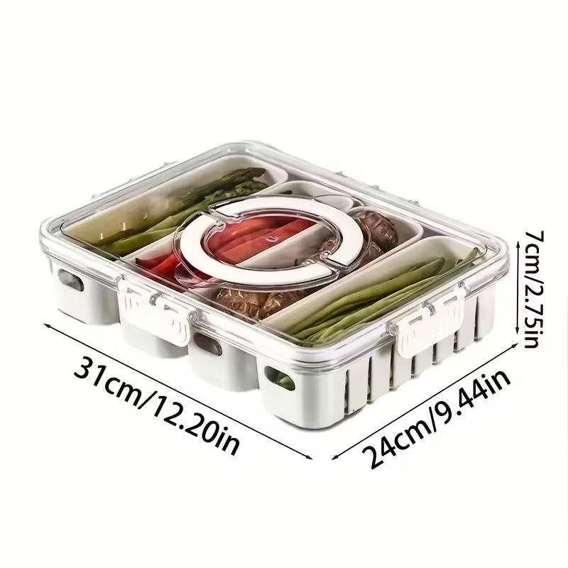 1pc Stackable Refrigerator Storage Box with Lid and Drain Basket – 4 Transparent Compartments