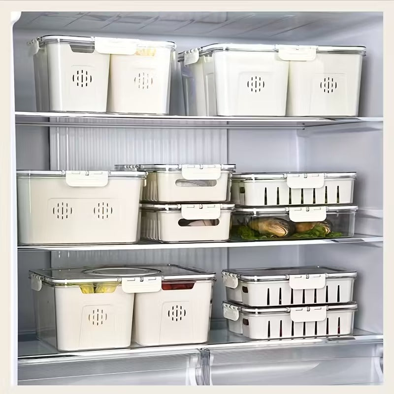 1pc Stackable Refrigerator Storage Box with Lid and Drain Basket – 4 Transparent Compartments