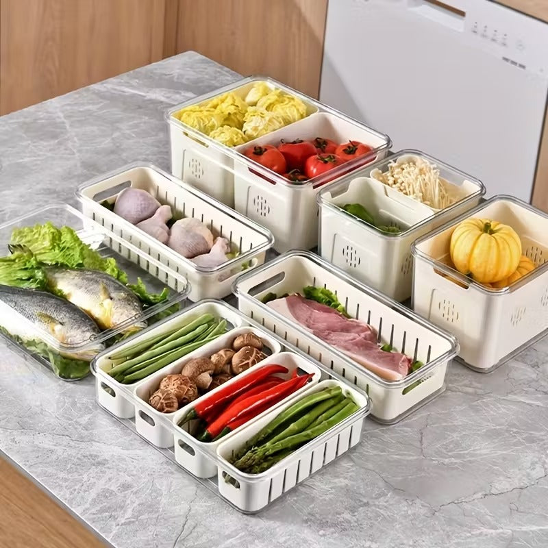 1pc Stackable Refrigerator Storage Box with Lid and Drain Basket – 4 Transparent Compartments